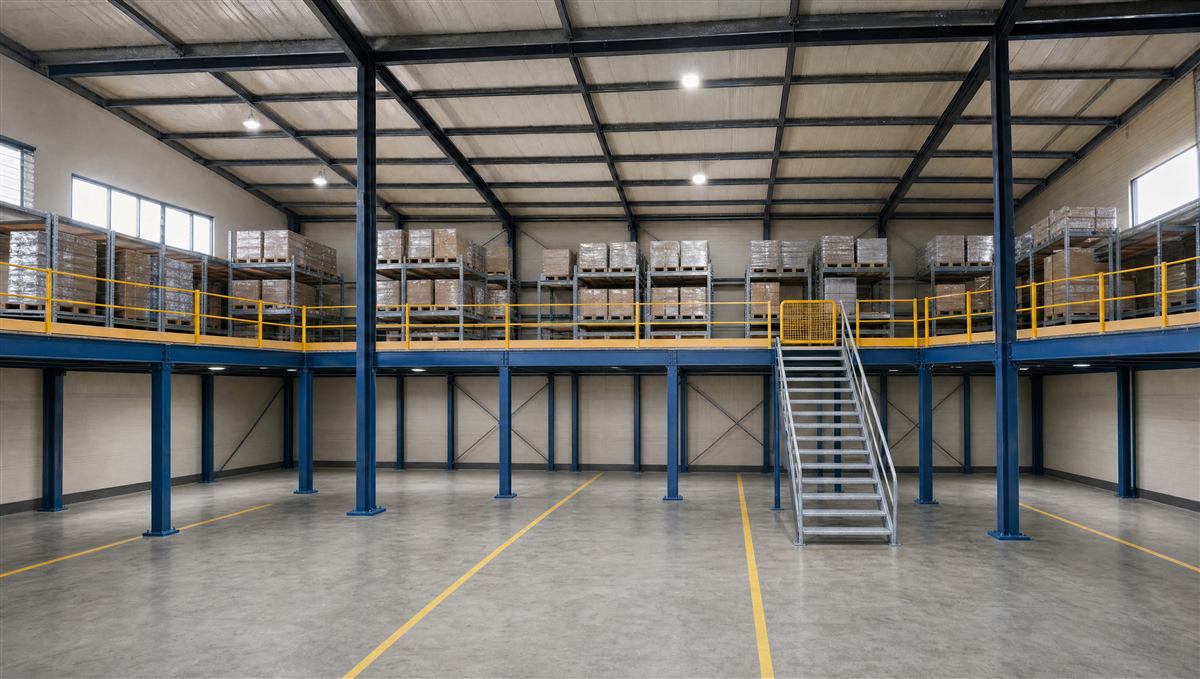 Après : le même entrepôt avec une mezzanine métallique, le stock rangé à l'étage et le sol dégagé