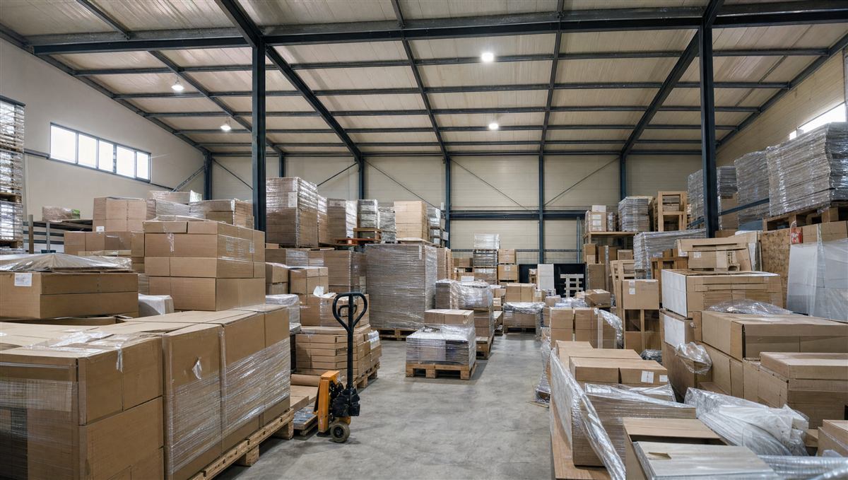 Avant : entrepôt encombré de cartons et de palettes posés au sol
